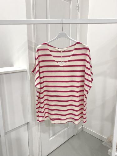 (w) Striped Cotton V-Neck T-Shirt pink