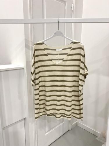 (w) Striped Cotton V-Neck T-Shirt khaki