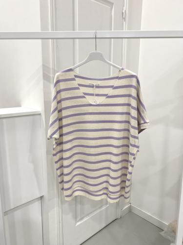 (w) Striped Cotton V-Neck T-Shirt flieder