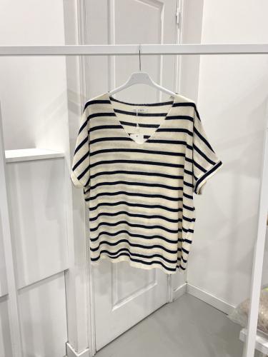 (w) Striped Cotton V-Neck T-Shirt navy